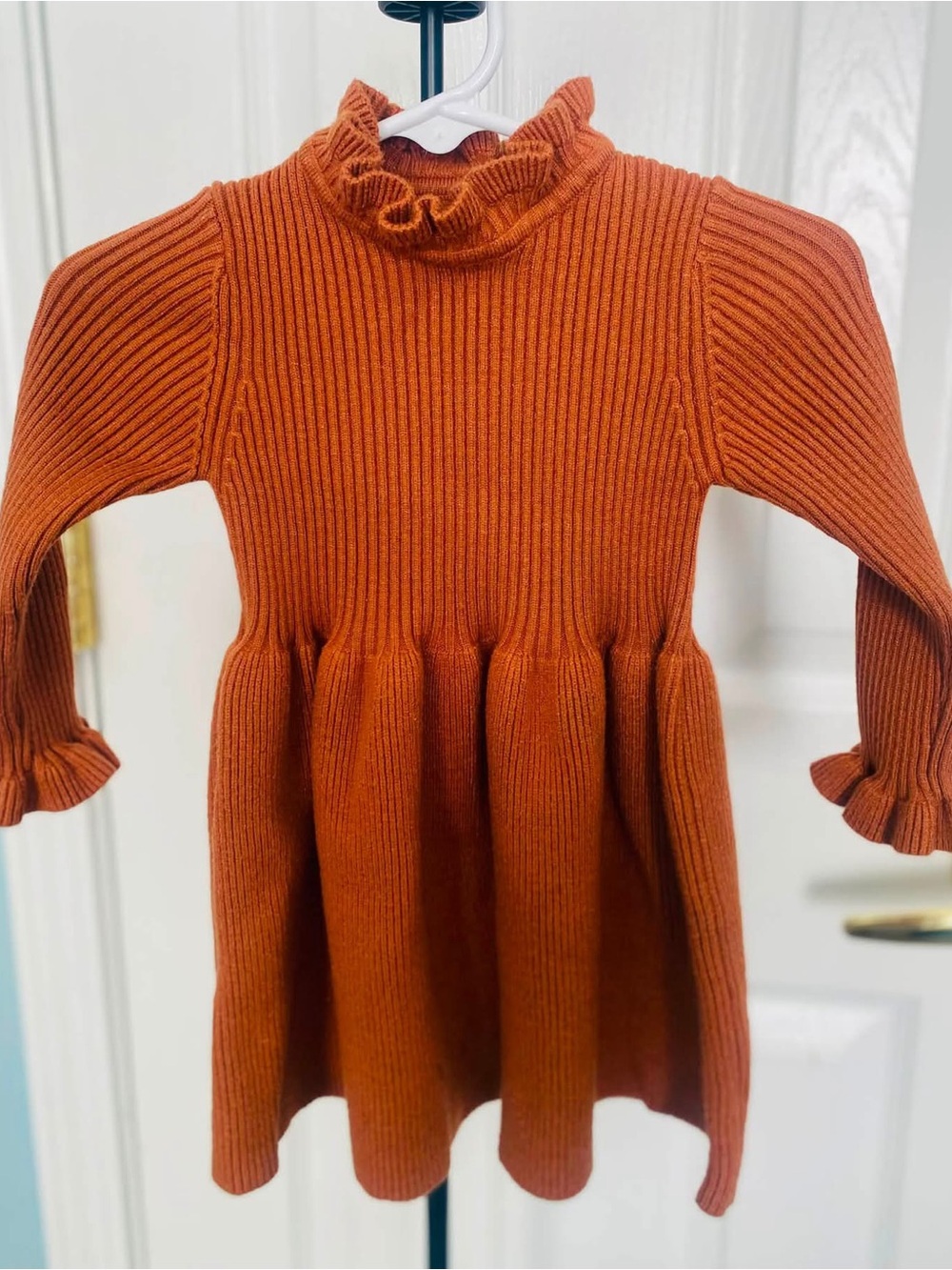 Kids Ribbed Ruffle Neck Dress - Rust